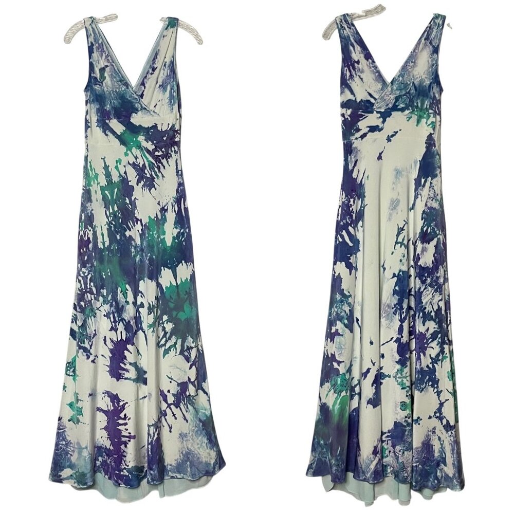 J. Crew Silk Sleeveless Tie-Dye V-Neck Maxi Dress in White, Blue & Green
